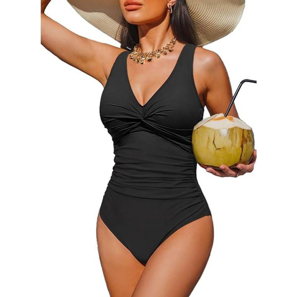 Holipick One Piece‎ Swimsuit Black Ruched Twist Front Tummy Control XXL NWT